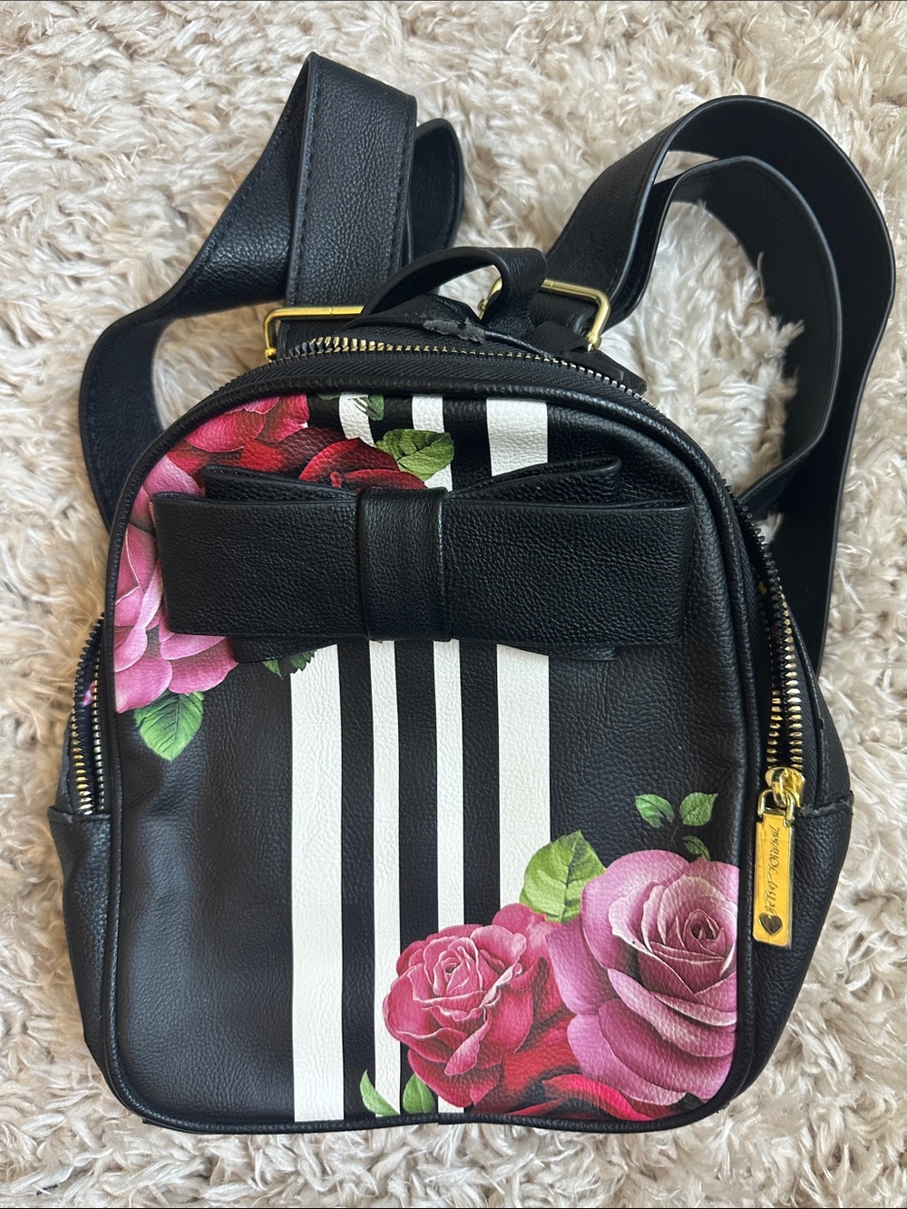 Betsey Johnson Black Mini Backpack with Pink Rose Print and White Stripes